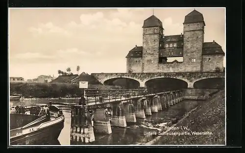 AK Minden i. W., Weserseite mit unterer Schleusenpartie