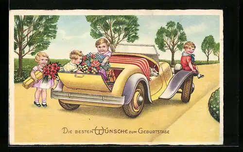 Künstler-AK Kleinkinder verlassen ein mit Geschenken bepacktes Automobil