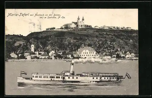 AK Marbach a. D., Donaudampfer Erzherzog Franz Ferdinand mit Blick zur Wallfahrtskirche Maria-Taferl