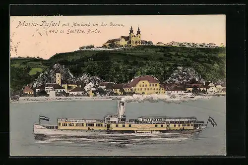 AK Marbach a. D., Donaudampfer Erzherzog Franz Ferdinand mit Blick zur Wallfahrtskirche Maria-Taferl