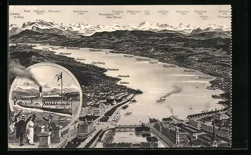 AK Zürich, Dampfschifffahrt auf dem Zürichsee aus der Vogelschau