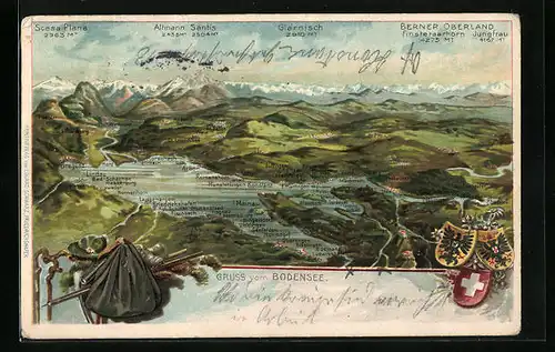 Künstler-AK Lindau, Landkarte vom Bodensee mit Wappen