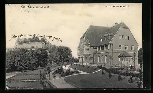 AK Coburg, Hotel Festungshof mit Grünanlagen