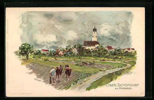 Künstler-AK Ober-Schondorf a. Ammersee, Ortsansicht mit Kirche