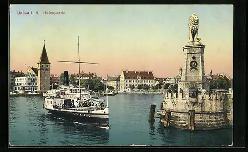 AK Lindau i. B., Hafenpartie mit Dampfer