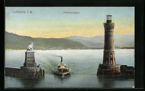 AK Lindau i. B., Dampfer bei der Hafeneinfahrt