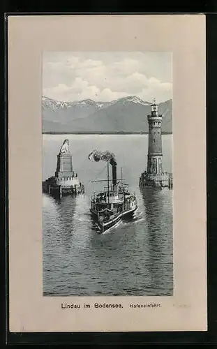 AK Lindau i. B., Dampfer bei der Hafeneinfahrt