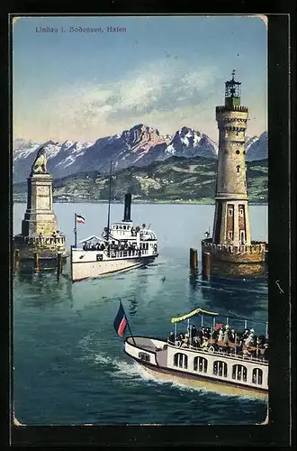 AK Lindau i. B., Hafeneinfahrt mit Dampfern