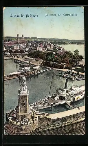 AK Lindau i. B., Panorama mit Hafenansicht und Bodenseedampfer