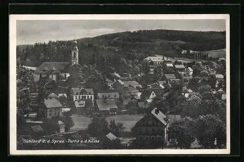 AK Sohland a. d. Spree, Ortspartie mit Kirche, Mittellausitzer Gebirge