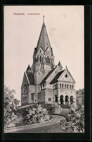 AK Chemnitz, Lutherkirche mit kurviger Strasse