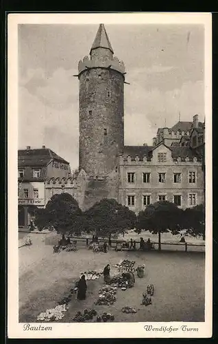 AK Bautzen, Wendischer Turm mit Marktfrauen