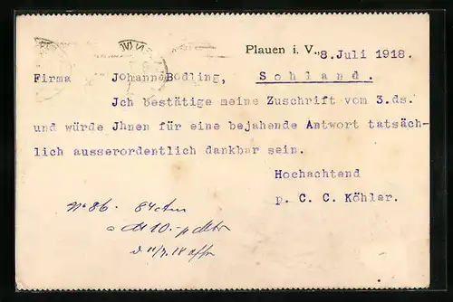 AK Plauen i. V., Korrespondenzkarte der C. C. Köhler Stickerei-Manufactur