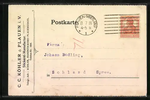 AK Plauen i. V., Korrespondenzkarte der C. C. Köhler Stickerei-Manufactur