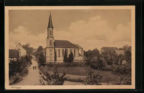 AK Trünzig, Alte Schule, Kirche und Pfarrhaus