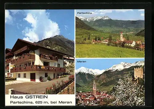 AK Partschins bei Meran, Garni Haus Gstein, Ortsansicht, Teilansicht Meran