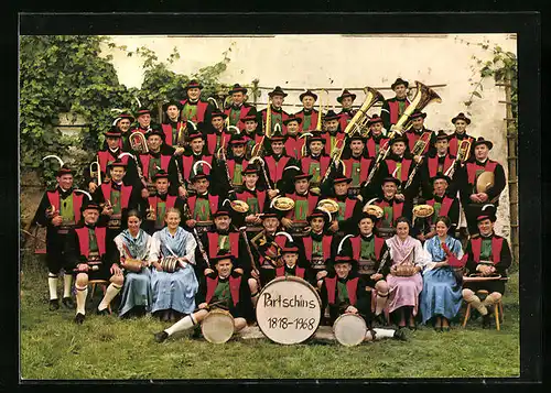 AK Partschins bei Meran, Musikkapelle - Gruppenfoto mit Schild 1818-1968