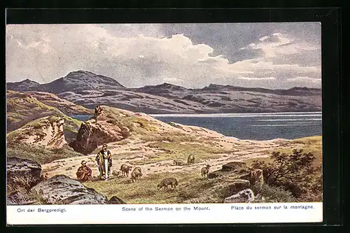Künstler-AK Friedrich Perlberg: Ort der Bergpredigt u. Hirte mit Schafen