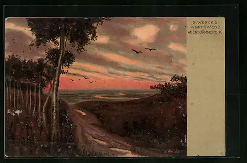 Künstler-AK Sophie Wencke: Worpswede, Ortspartie in der Abenddämmerung