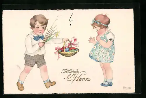 Künstler-AK Hannes Petersen: Junge bringt Mädchen Osterkörbchen - Ostergruss