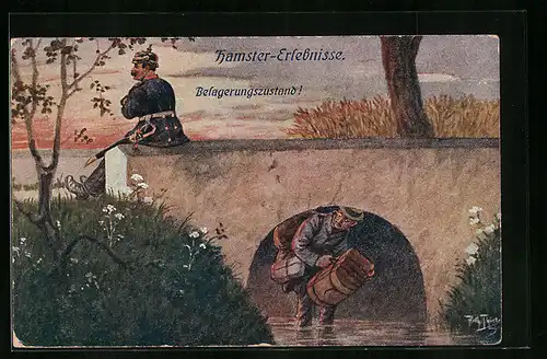 Künstler-AK Arthur Thiele: Hamster-Erlebnisse - Mann versteckt sich unter einer Brücke vor einem Polizisten