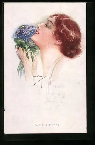 Künstler-AK Luis Usabal: Junge Frau geniesst Veilchenduft