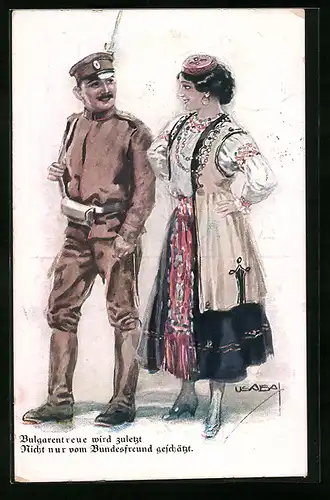 Künstler-AK Luis Usabal: Bulgarentreue - Soldat mit junger Bulgarin