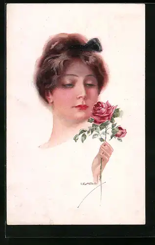 Künstler-AK Luis Usabal: Elegante junge Dame mit Rosenzweig