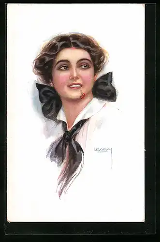 Künstler-AK Luis Usabal: Junge Frau mit schwarzer Schleife und roten Perlen im Mund