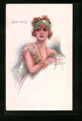 Künstler-AK Luis Usabal: Mia May - Junge Dame mit grünem Stirnband