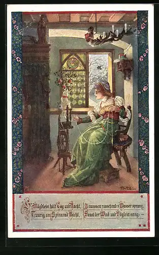 Künstler-AK T. Welzl: Trauriges Mägdlein am Spinnrad