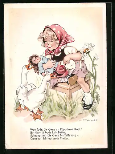 Künstler-AK Hilla Peyk: Mädchen mit Puppe und Gänsen