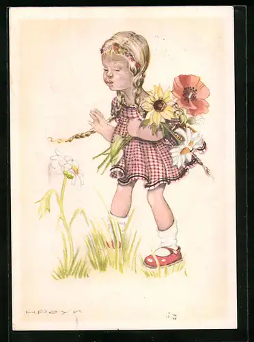 Künstler-AK Hilla Peyk: Mädchen mit Zöpfen und Blumen