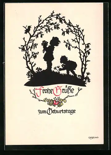 Künstler-AK Georg Plischke: Frohe Grüsse zum Geburtstage, Scherenschnitt