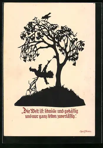Künstler-AK Georg Plischke: Scherenschnitt, Junge am Baum