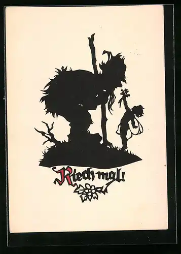 Künstler-AK Georg Plischke: Scherenschnitt Engelchen, Riech mal