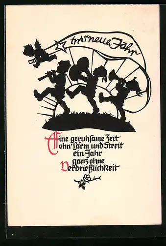 Künstler-AK Georg Plischke: In`s neue Jahr, Scherenschnitt Musikanten