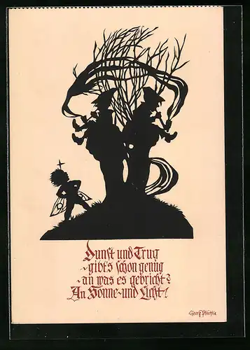 Künstler-AK Georg Plischke: Scherenschnitt, Zwerge mit Engelchen