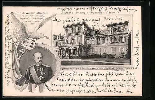 AK Bayreuth, Schloss Fantaisie, Porträt von Herzog Friedrich Wilhelm Alexander