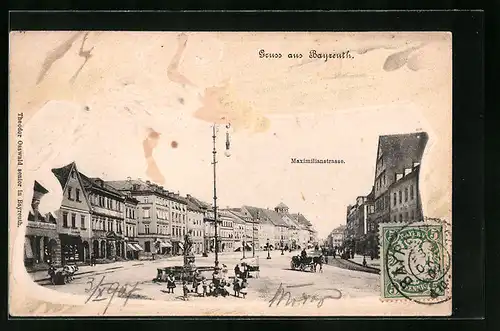 AK Bayreuth, Maximilianstrasse mit Brunnen und Geschäften