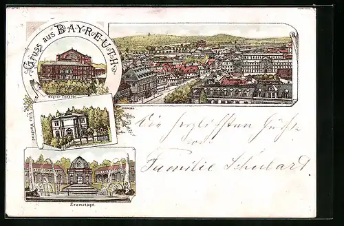 Lithographie Bayreuth, Ortsansicht, Wagner-Theater, Villa Wahnfried und Eremitage