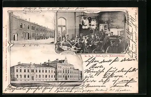 AK München, Kaserne des K. B. 2. Inf.-Rgt. Kronprinz, Dienstgebäude, Kantine des 1. Bat., Baracke der 4. Comp.