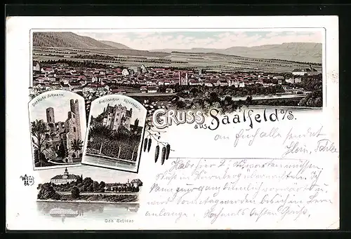 Lithographie Saalfeld a. S., Ortsansicht mit Schlösschen Kitzerstein und dem Hohen Schwarm