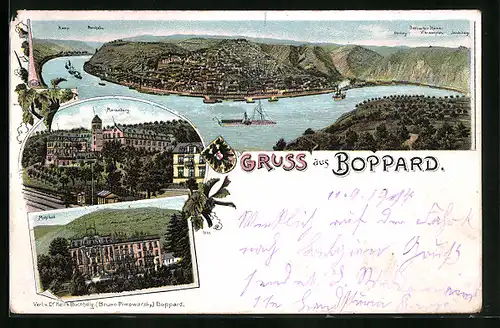 Lithographie Boppard, Ortsansicht mit Rhein, Marienberg und Mühlbad