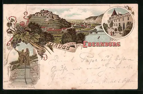 Lithographie Ebernburg, Ortsansicht und Hutten-Sickingen-Denkmal