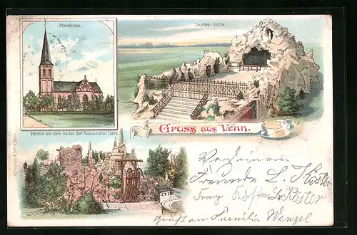 Lithographie Venn, Lourdes-Grotte, Pfarrkirche, Partie aus dem Garten der Restauration Loers