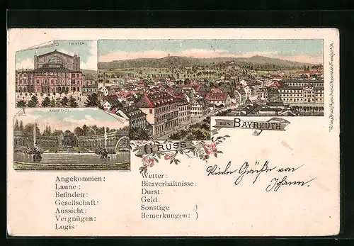 Lithographie Bayreuth, Theater, Eremitage und Ortsansicht