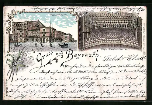 Lithographie Bayreuth, Wagnertheater mit Innenansicht