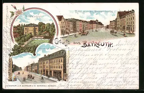 Lithographie Bayreuth, Villa Wahnfried, Marktplatz mit dem Monumentalbrunnen und Hotel Sonne