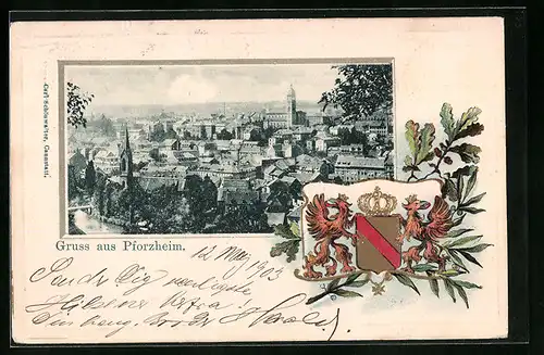 Passepartout-Lithographie Pforzheim, Teilansicht aus der Vogelschau, Wappen